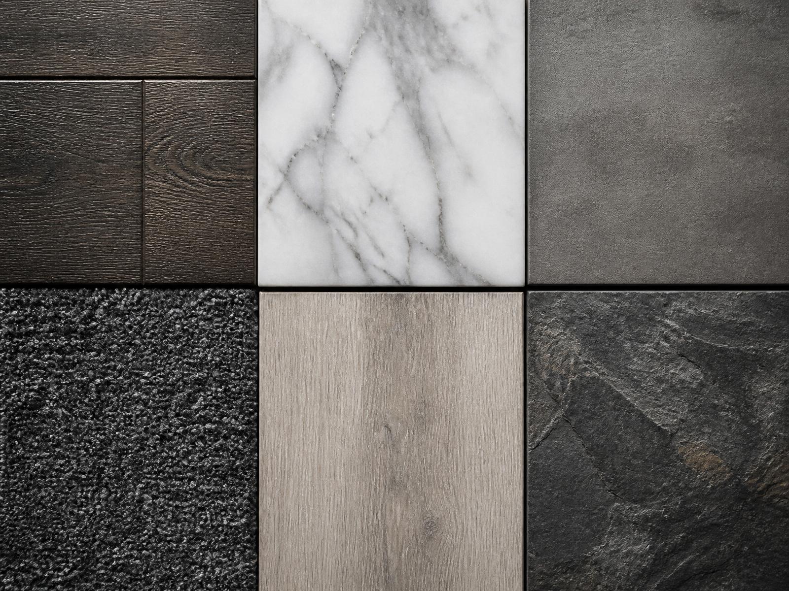 Six flooring material samples arranged in a grid: oak, marble, porcelain, carpet, vinyl, slate